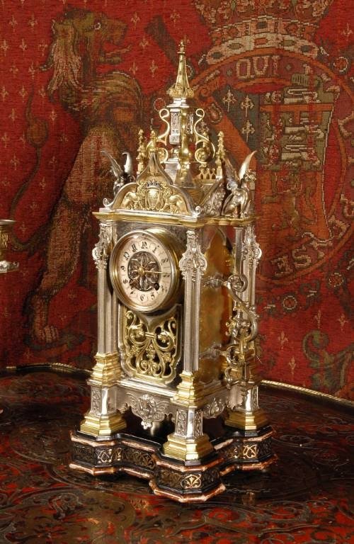 fig 4. ***** SOLD ***** Antique Silvered Brass Gothic Table Clock Set